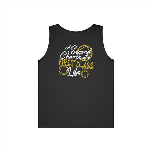 Black tank top with yellow and white text