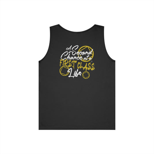 Black tank top with yellow and white text