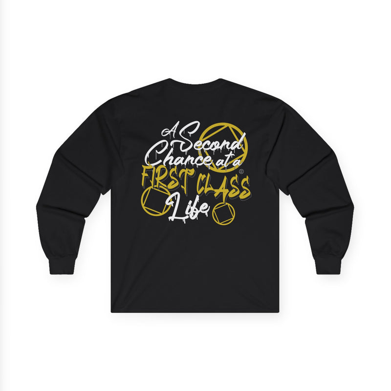 Load image into Gallery viewer, Black long-sleeve shirt with yellow and white text
