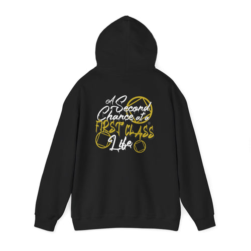 Black hoodie with yellow and white text on the back