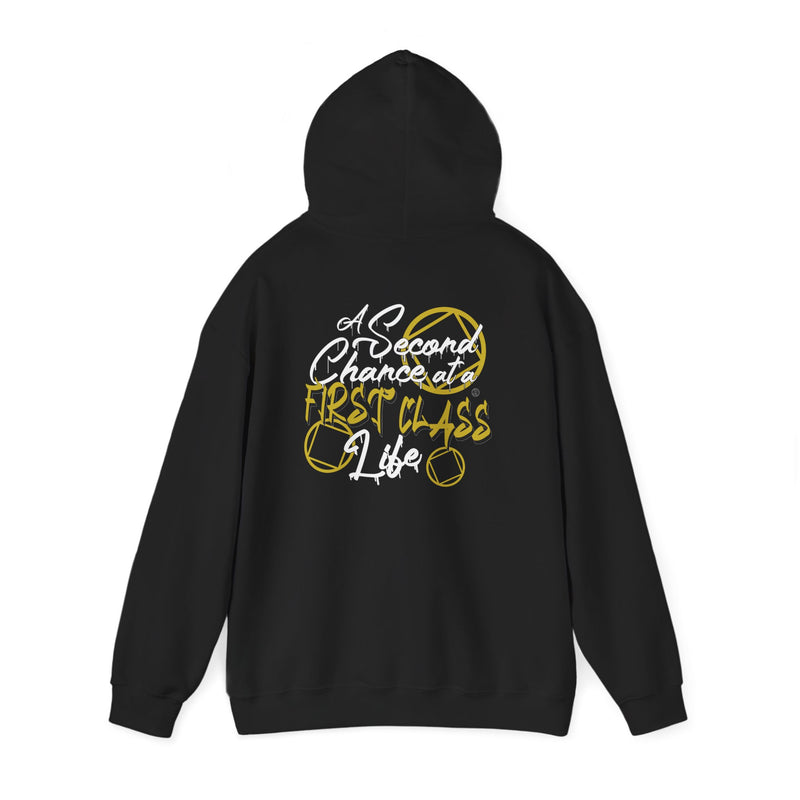 Load image into Gallery viewer, Black hoodie with yellow and white text on the back
