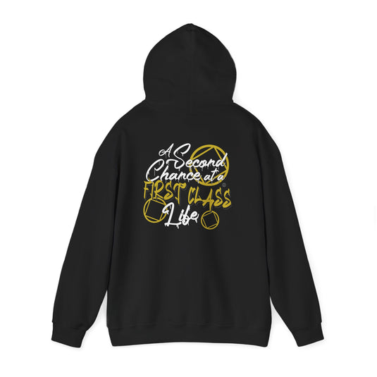Black hoodie with yellow and white text on the back