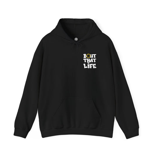 Black hoodie with 'Bout That Life' text