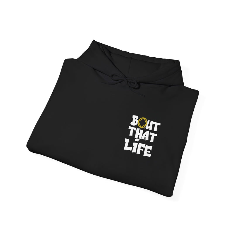 Load image into Gallery viewer, Black hoodie with 'Bout That Life' text
