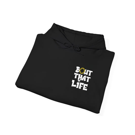 Black hoodie with 'Bout That Life' text