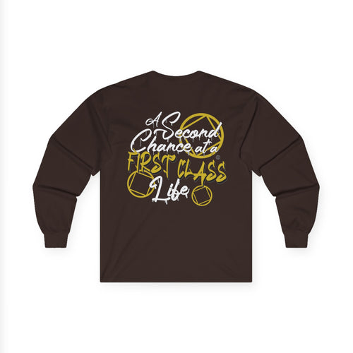 Brown long-sleeve shirt with yellow text