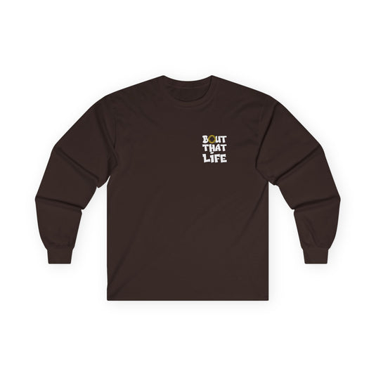 Brown long-sleeve shirt with text 