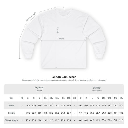 Gildan 2400 size chart for a white sweatshirt with measurements in inches and centimeters.