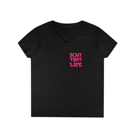 Black V-neck t-shirt with 'Bout That Life' text in pink and yellow