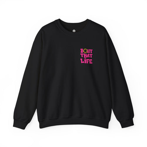 Black sweatshirt with pink and yellow text