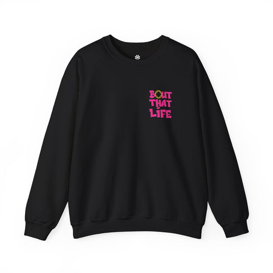 Black sweatshirt with pink and yellow text