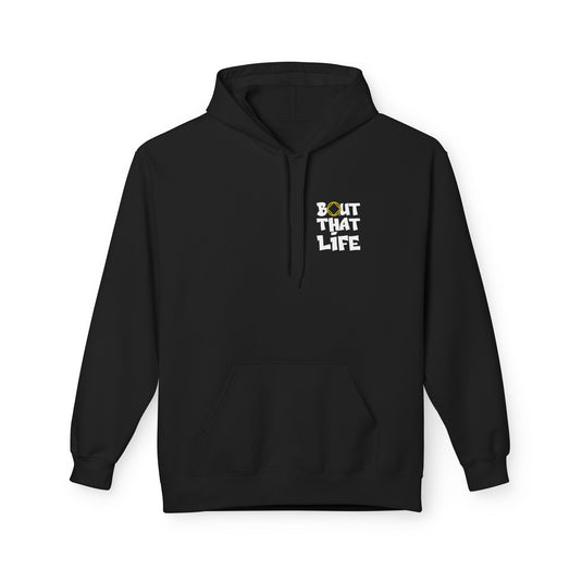 Black hoodie with 'Bout That Life' text