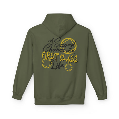 Green hoodie with text and basketball graphic on the back