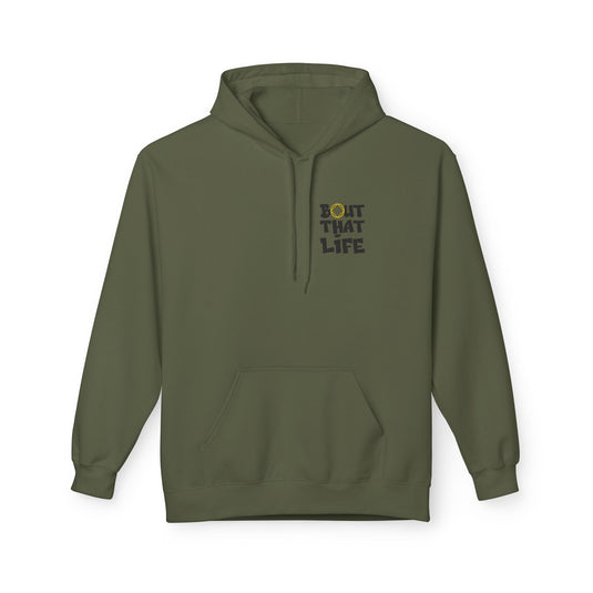 Green hoodie with text on the chest