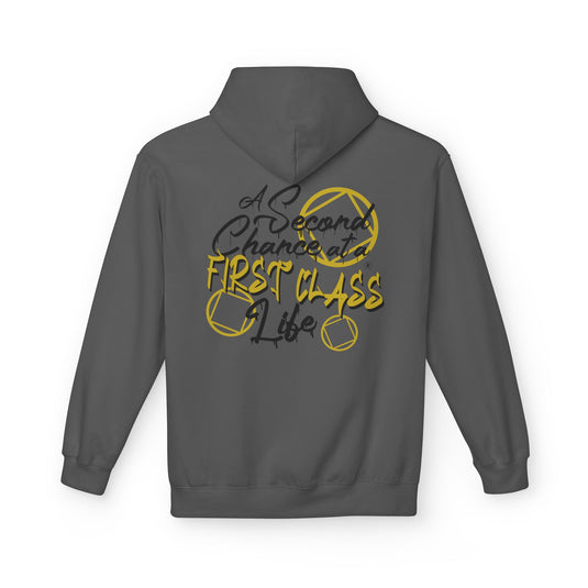 Gray hoodie with text and basketball design on the back