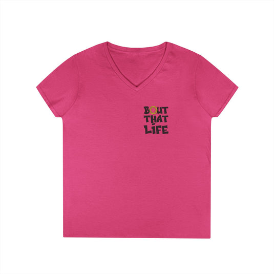 Pink t-shirt with 'Bout That Life' text
