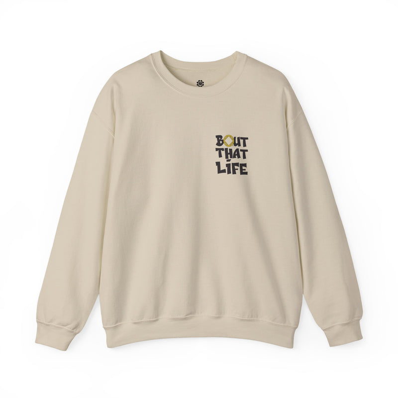 Load image into Gallery viewer, Beige sweatshirt with 'BOUT THAT LIFE' text
