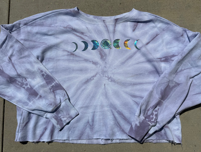 Load image into Gallery viewer, Tie-dye long-sleeve shirt with colorful moon phase design on a gray background
