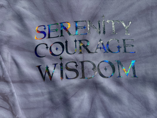 Text 'Serenity Courage Wisdom' on a textured gray background