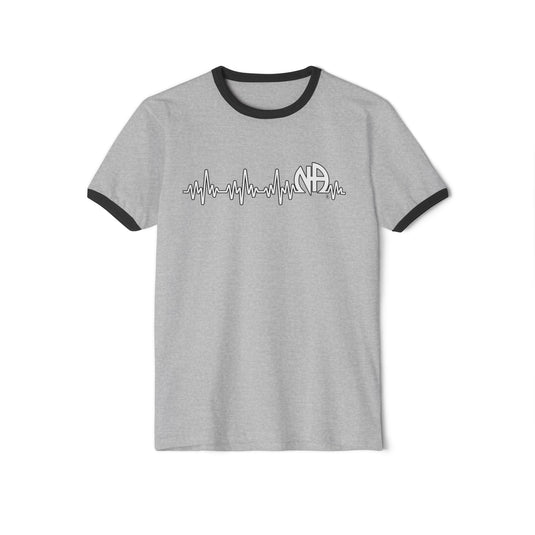 Gray t-shirt with black trim featuring a heart rate design on a white background