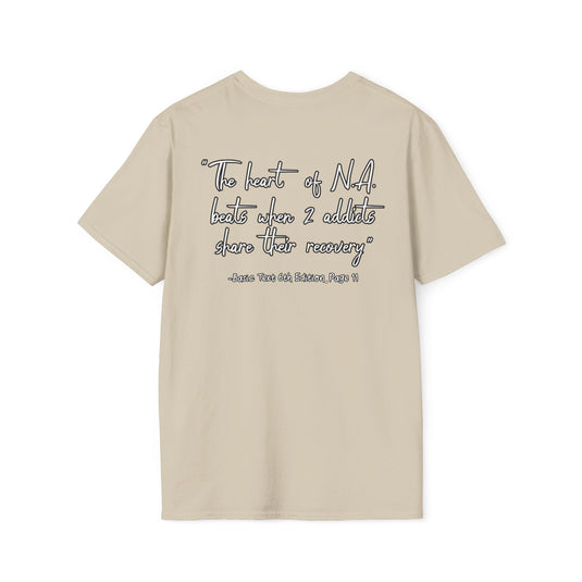 Beige t-shirt with text on the back on a white background