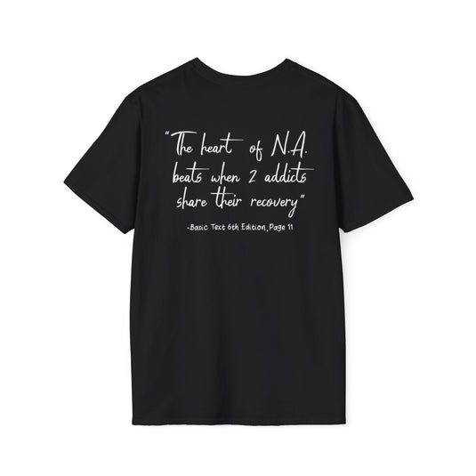 Black t-shirt with white text on a white background
