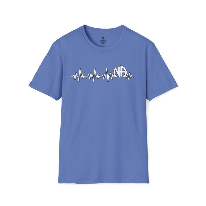 Load image into Gallery viewer, Blue t-shirt with a heart rate design and initials on a white background
