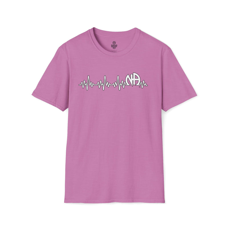 Load image into Gallery viewer, Pink t-shirt with a heart rate design and initials on a white background
