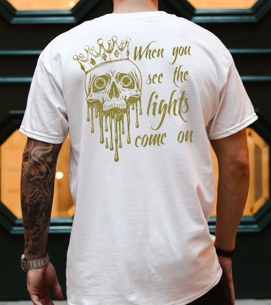 When You See the Lights Come On Unisex White Tee With Gold Metallic