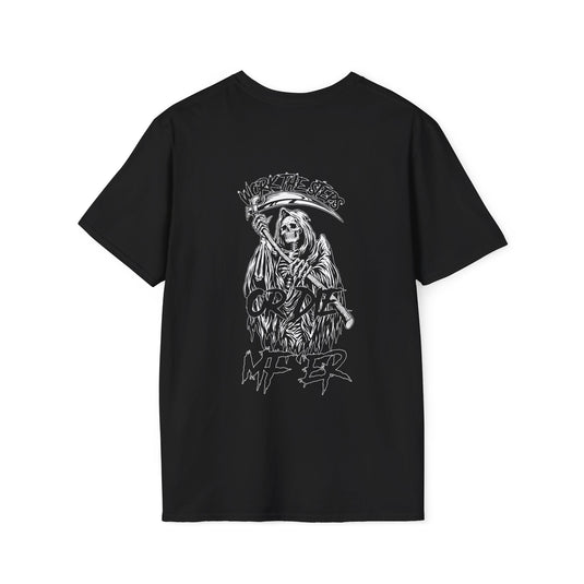Black t-shirt with a graphic design of a skeleton holding a scythe on a white background