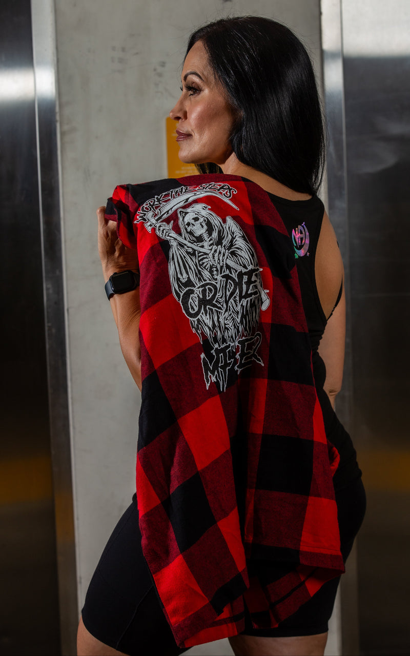 Load image into Gallery viewer, red and black checkered shirt with graphic design
