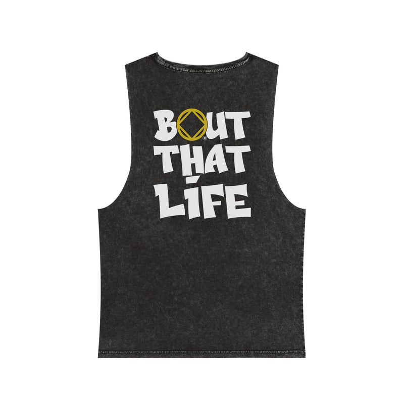 Load image into Gallery viewer, Black sleeveless shirt with 'Bout That Life' text on a white background
