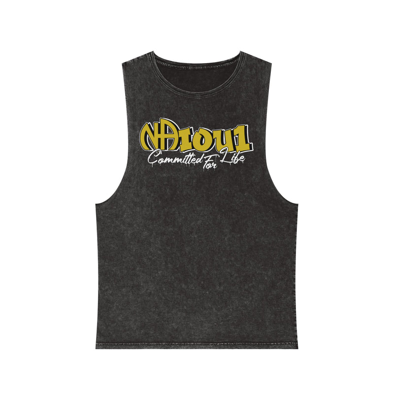 Load image into Gallery viewer, Black sleeveless shirt with yellow and white text on a white background
