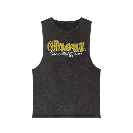 Black sleeveless shirt with yellow and white text on a white background