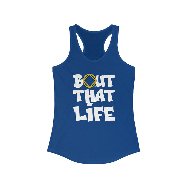 Load image into Gallery viewer, Blue tank top with 'Bout That Life' text on a white background
