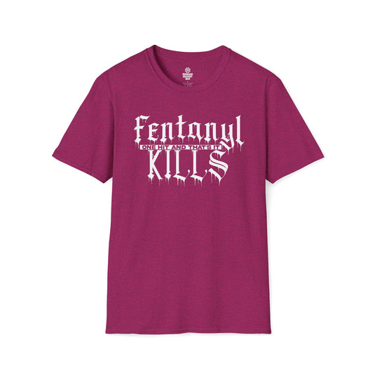 Magenta t-shirt with white text on a white background