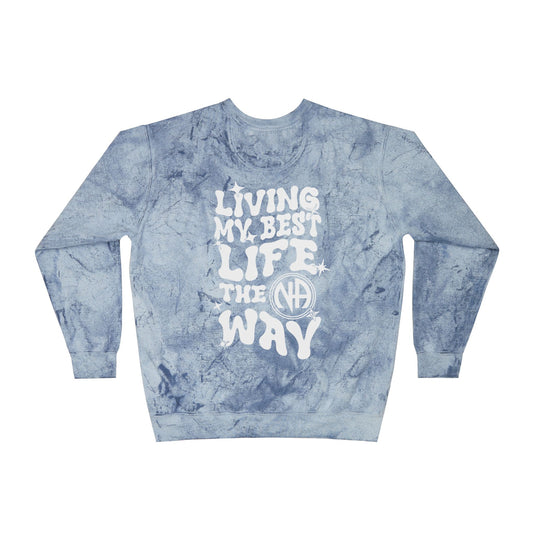 Blue tie-dye sweatshirt with white text on a white background