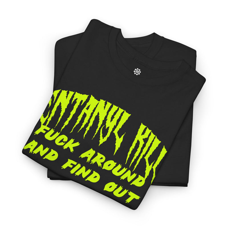 Load image into Gallery viewer, Black t-shirt with yellow text on a white background
