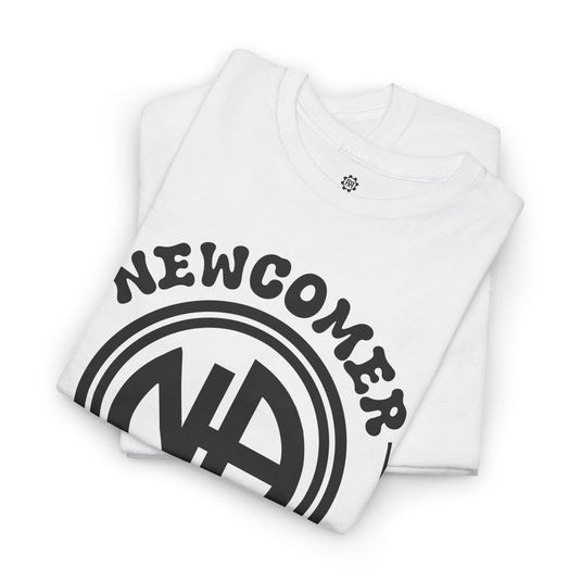 White sweatshirt with 'NEWCOMER' and logo on a white background