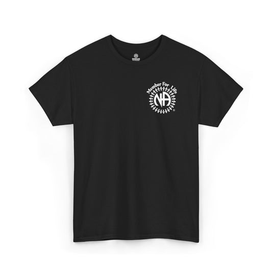 Black t-shirt with a white logo on a white background