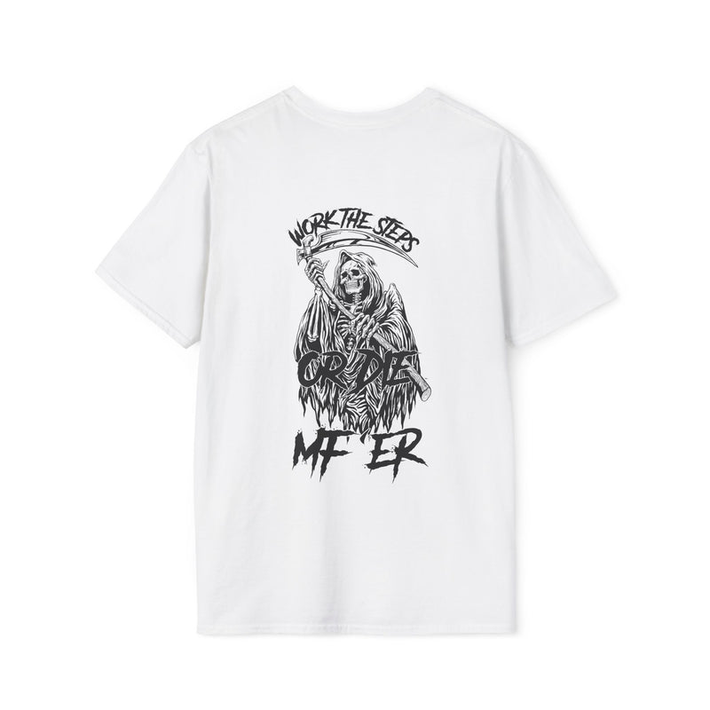 Load image into Gallery viewer, White t-shirt with black graphic design and text on a white background
