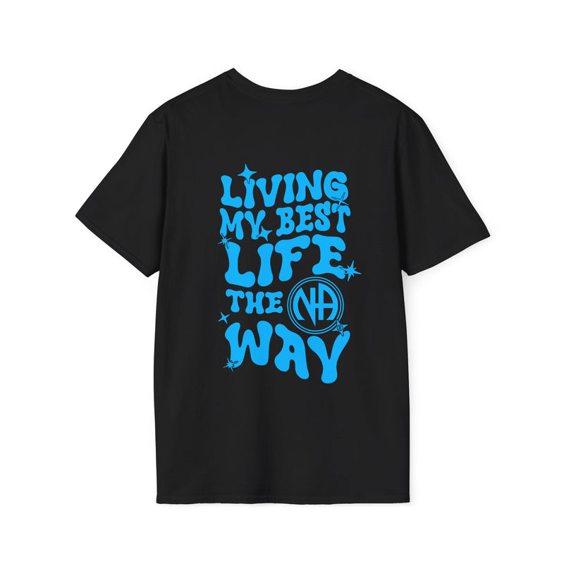 Load image into Gallery viewer, Black t-shirt with blue text and NA logo on a white background
