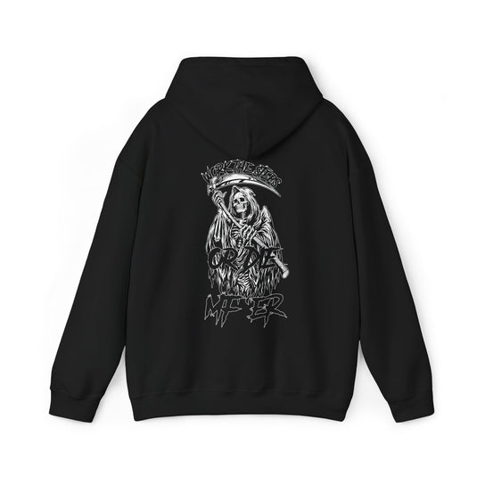 Black hoodie with a graphic design of a skeleton holding a scythe on the back, on a white background.