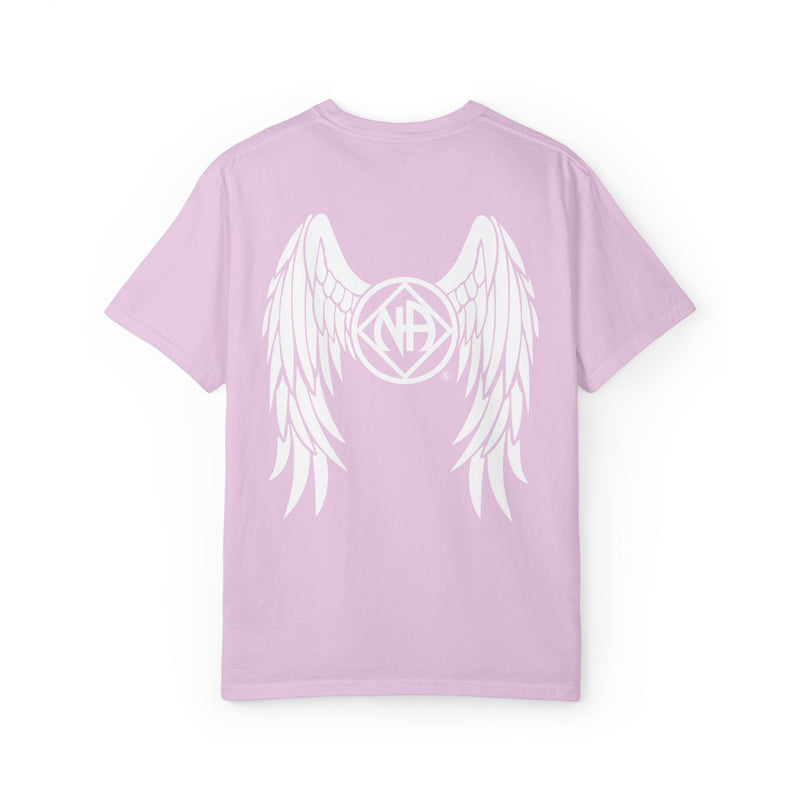 Load image into Gallery viewer, Pink t-shirt with white angel wings and logo on a white background
