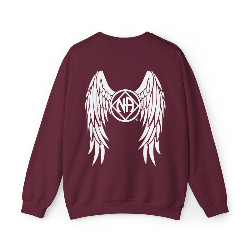 Load image into Gallery viewer, Maroon sweatshirt with white wings and logo on the back against a white background

