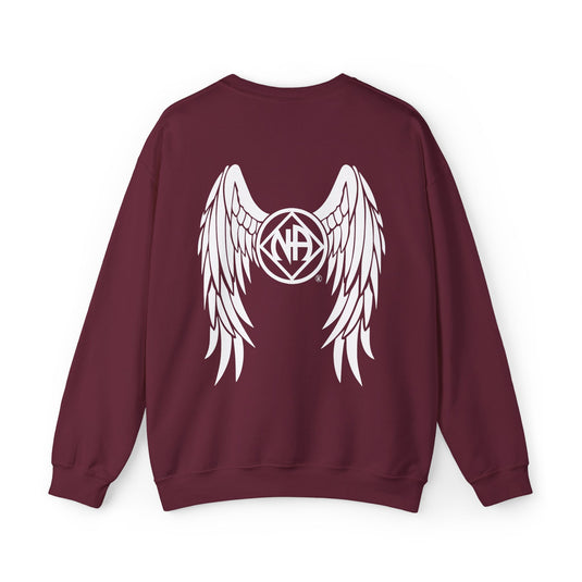 Maroon sweatshirt with white wings and logo on the back against a white background