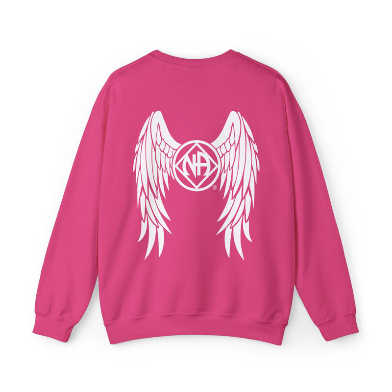 Load image into Gallery viewer, Pink sweatshirt with white wings and logo on the back against a white background
