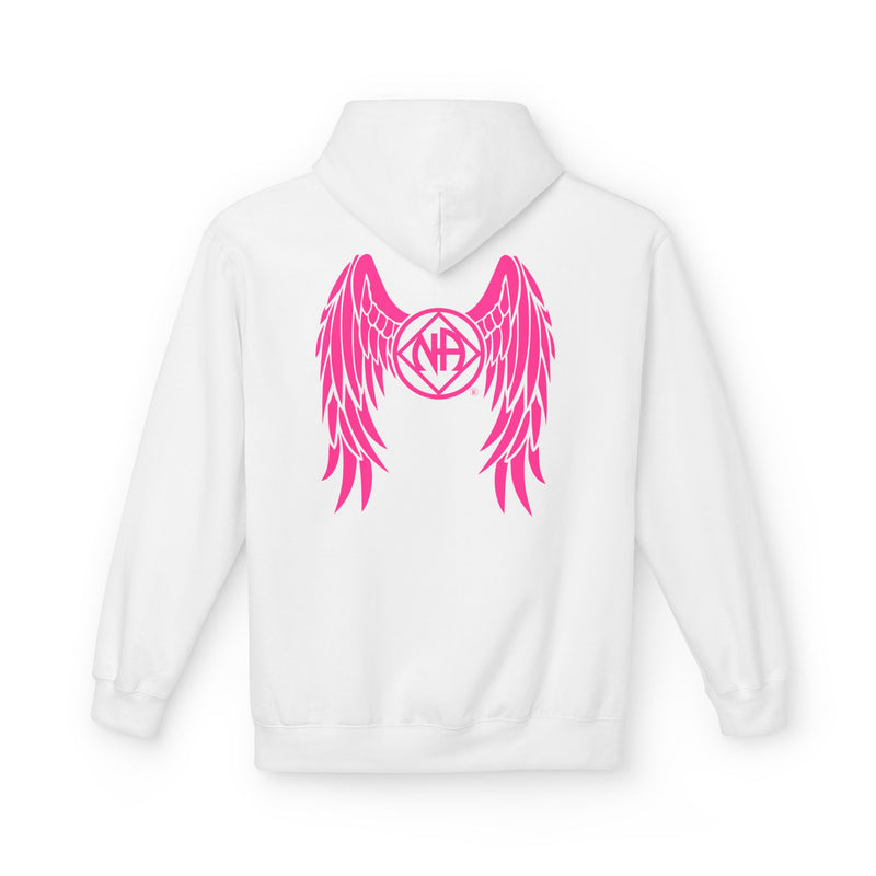 Load image into Gallery viewer, White hoodie with pink wings and logo on the back against a white background

