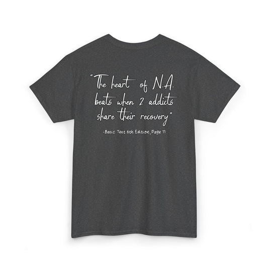 Dark gray t-shirt with white text on a white background