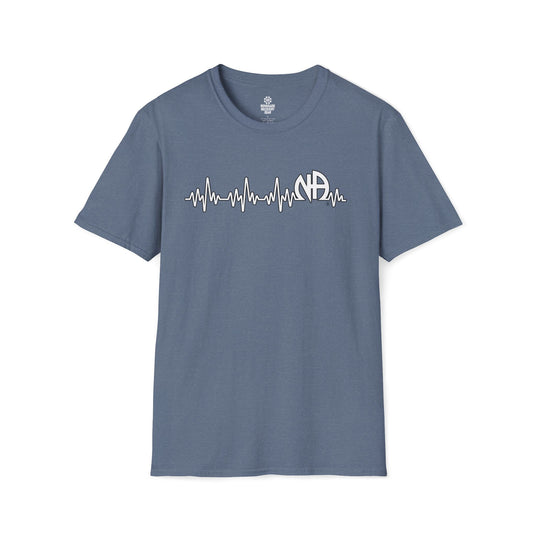 Blue t-shirt with a white heartbeat design on a white background